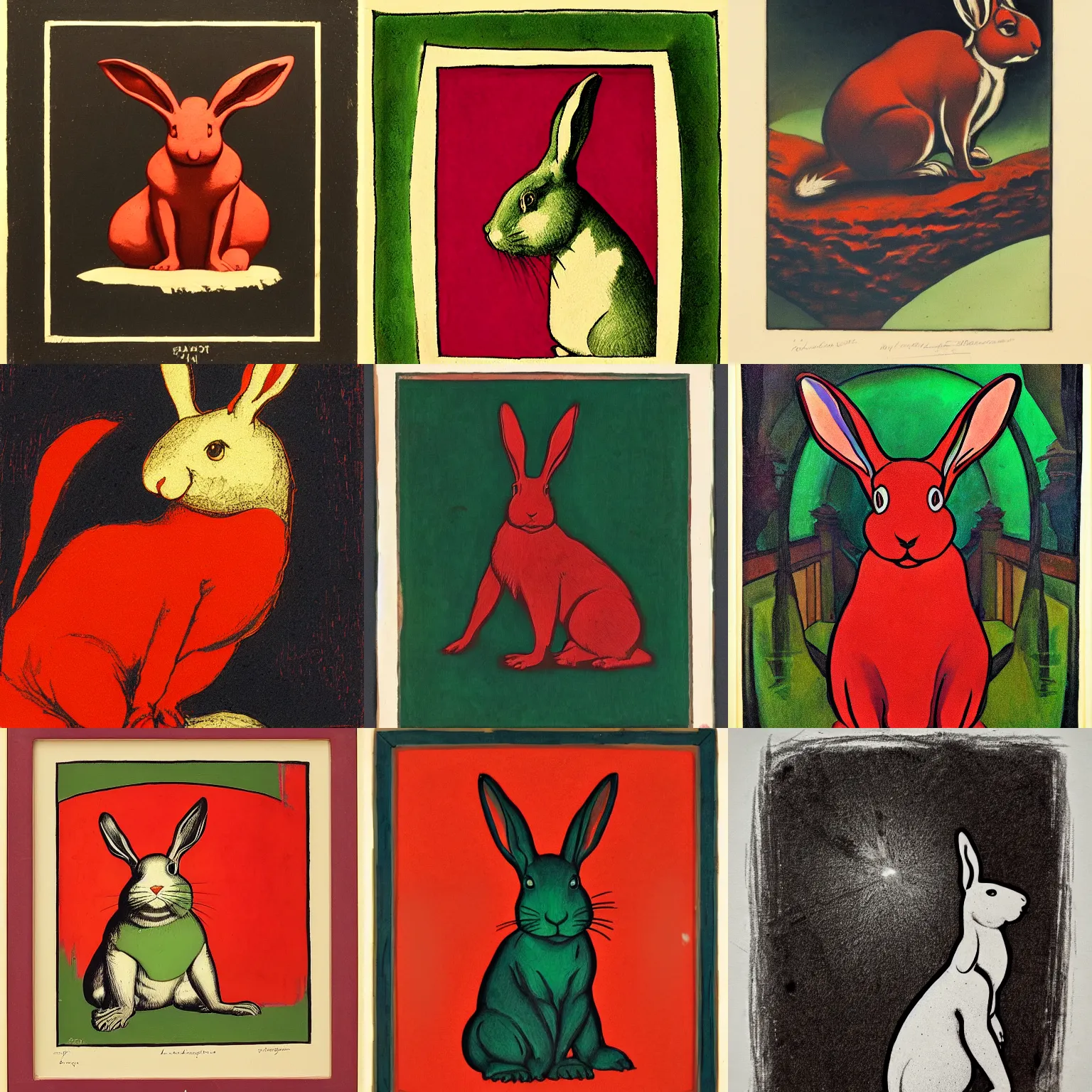 Prompt: magical realist portrait of lagomorph ( 1 9 2 3 ), vermilion, viridian, strathmore 2 0 0 art nouveau inks, chiaroscuro, luminous