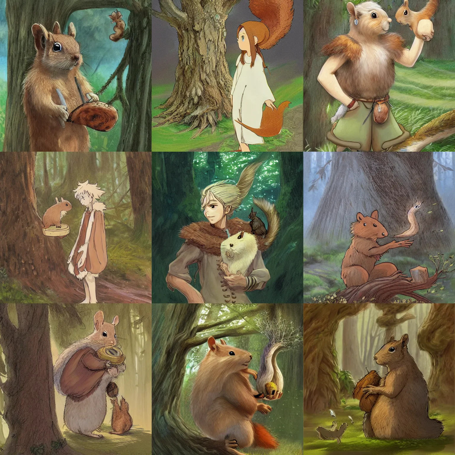 Prompt: An ultradetailed concept art of a gentle druid made of wood with squirrel who play on his shoulder, High resolution concept art, by Hayao Miyazaki