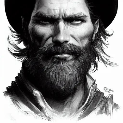 Prompt: bearded gunslinger, painted fantasy character portrait, headshot, fantasy, highly detailed, digital painting, artstation, concept art, sharp focus, illustration, art by the golden age of American illustration archive, simon bisley and frank frazetta, artgerm and greg rutkowski and alphonse mucha