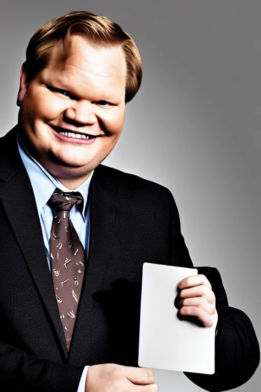 Prompt: andy richter in a suit and necktie, ultra hd photo, 3 5 mm close up, fish eye, realistic, smiling, holding a postcard from chicago