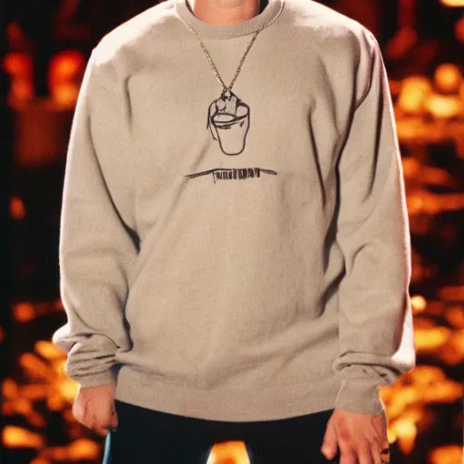 Image similar to eminem wearing a spaghetti sweater. High detail, dramatic lighting, film grain,