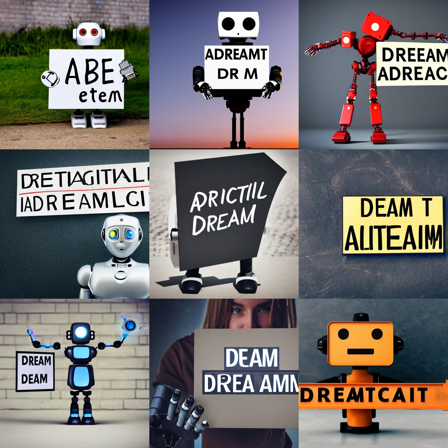 Image similar to artificial intelligence robot holding a sign with text that reads : dream