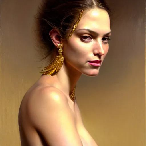 Prompt: Facial portrait of a gorgeous girl, looking away from the camera, heavy gold jewelry, seductive smile, sparkle in eyes, lips slightly parted, long flowing hair, no hands visible, delicate, teasing, arrogant, defiant, bored, mysterious, intricate, extremely detailed painting by Mark Brooks (and by Greg Rutkowski), visible brushstrokes, thick paint visible, no light reflecting off paint, vibrant colors, studio lighting