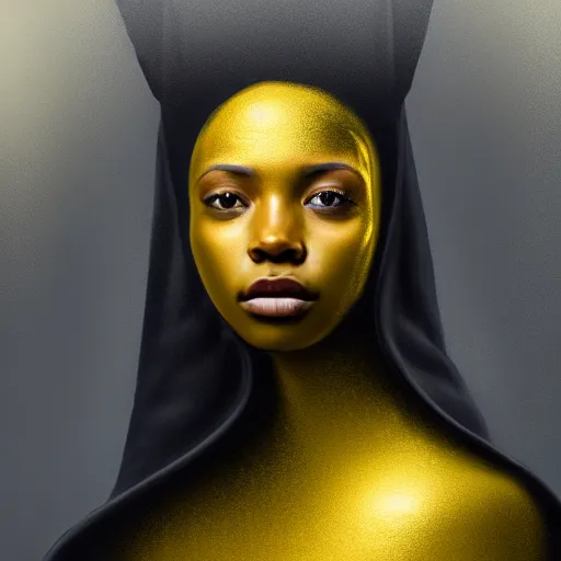 Image similar to a portrait of a young black woman wearing a long dark cloak, hood and shadows covering face, wearing shiny gold, oil painting, matte painting, black background, Volumetric Golden dappled dynamic lighting, Highly Detailed, Cinematic Lighting, Unreal Engine, 8k, HD, by Beksinski