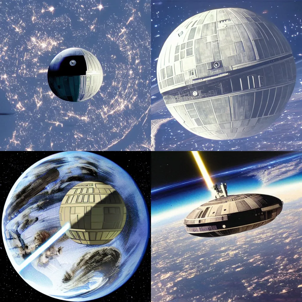 Prompt: star wars death star above earth in space