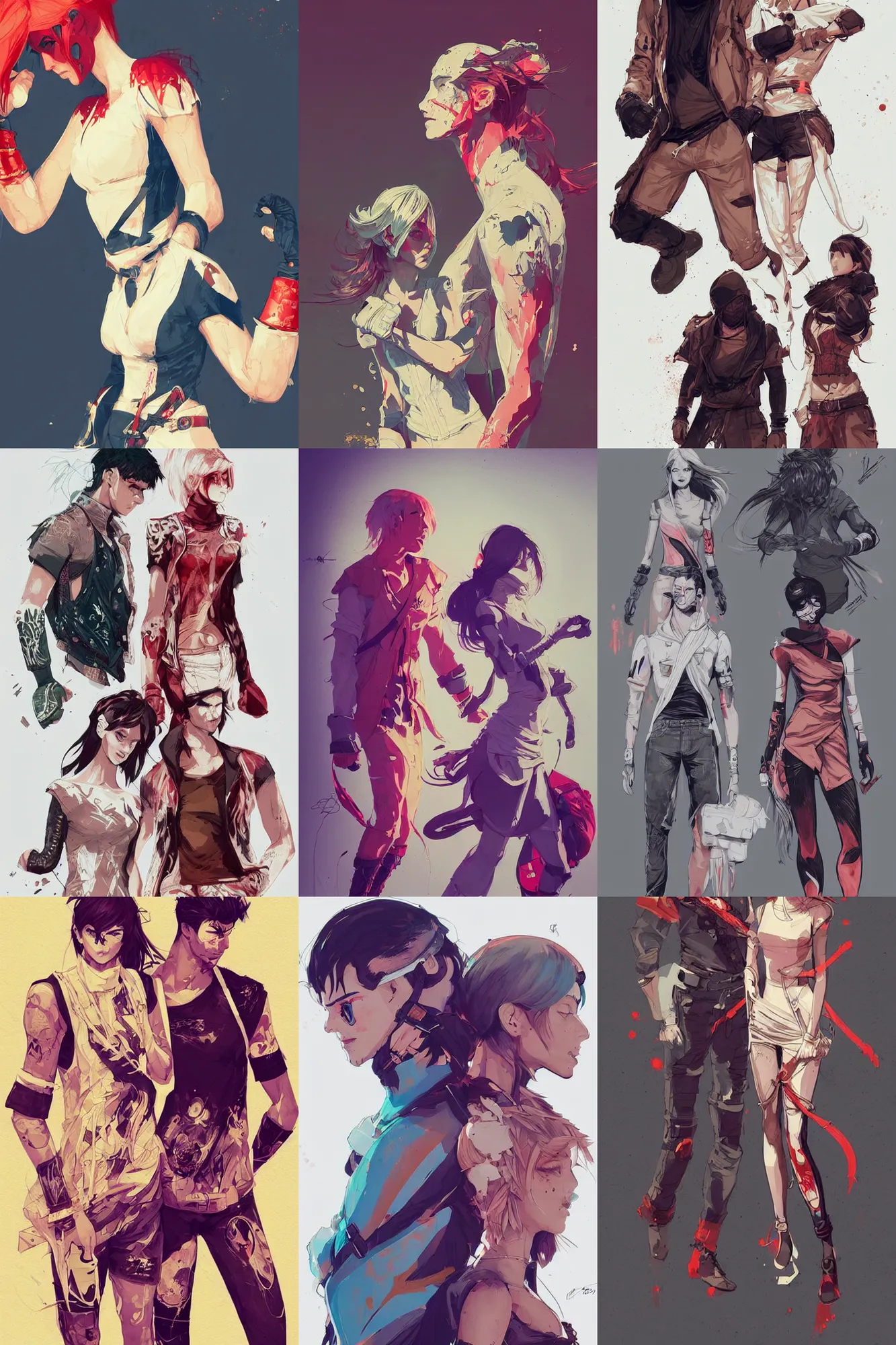 Image similar to concept arts of fashionable male and female fighters wearing trendy outfit, video game characters designs, by conrad roset, fiona staples, wlop, intricate, elegant, highly detailed, stylized, digital art, artstation, concept art, sharp focus, illustration, beautiful sunlight and shadows