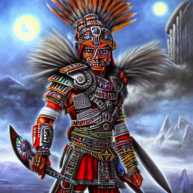 Image similar to futuristic aztec warrior, highly detailed, 4 k, hdr, smooth, sharp focus, high resolution, award - winning photo, illustrated by anne stokes, photorealistic