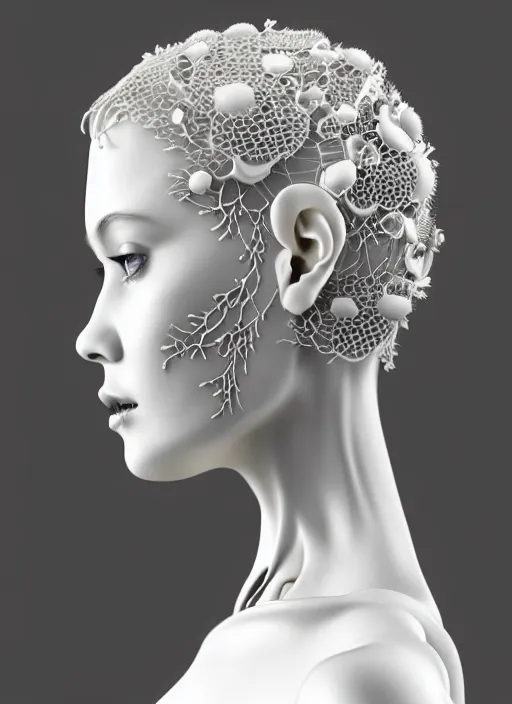 Prompt: complex 3d render ultra detailed of a beautiful porcelain profile woman face, mechanical cyborg, 150 mm, beautiful natural soft light, rim light, silver vanilla details, magnolia big leaves and stems, roots, fine foliage lace, maze like, mesh wire, intricate details, hyperrealistic, ultra detailed, mandelbrot fractal, anatomical, white metal neocubism armor, facial muscles, cable wires, microchip, elegant, octane render, H.R. Giger style, 8k