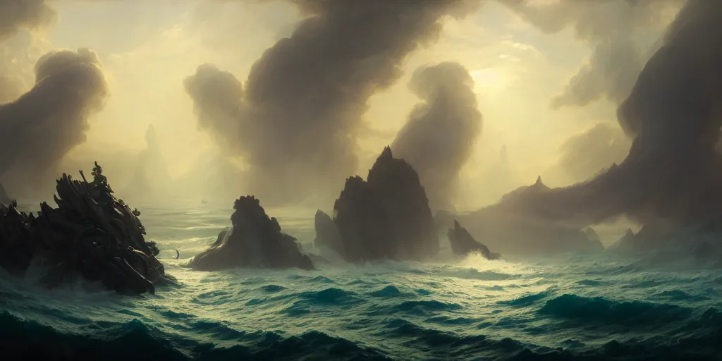 Image similar to poseidon dies and the apocalypse begins in ocean, extremely detailed digital painting, in the style of fenghua zhong and ruan jia and jeremy lipking and peter mohrbacher, mystical colors, rim light, beautiful lighting, 8 k, stunning scene, raytracing, octane, trending on artstation