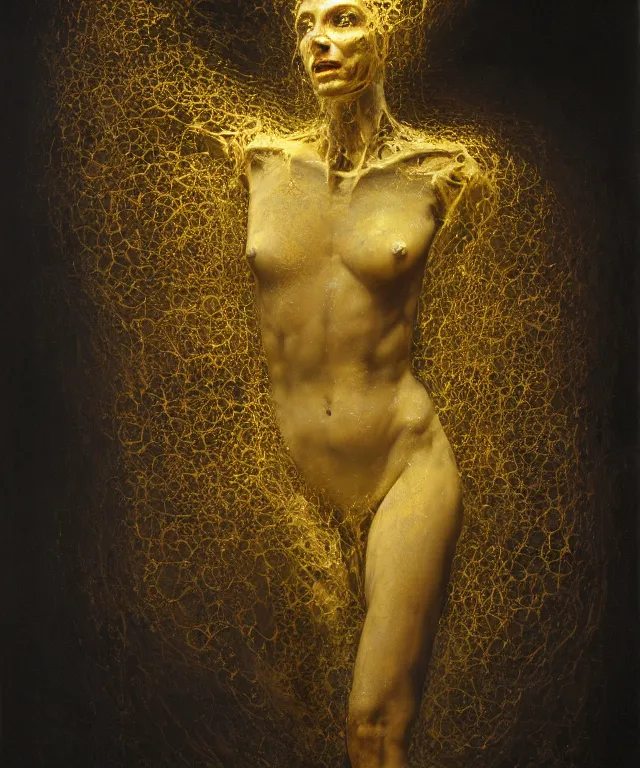 Image similar to Beautiful full-body wax sculpture of glowing transparent woman with visible golden bones covered with melted white candle wax inside the singularity where stars becoming baroque folds of dark matter by Michelangelo da Caravaggio, Nicola Samori, William Blake, Alex Grey and Beksinski, dramatic volumetric lighting, highly detailed oil painting, 8k, masterpiece