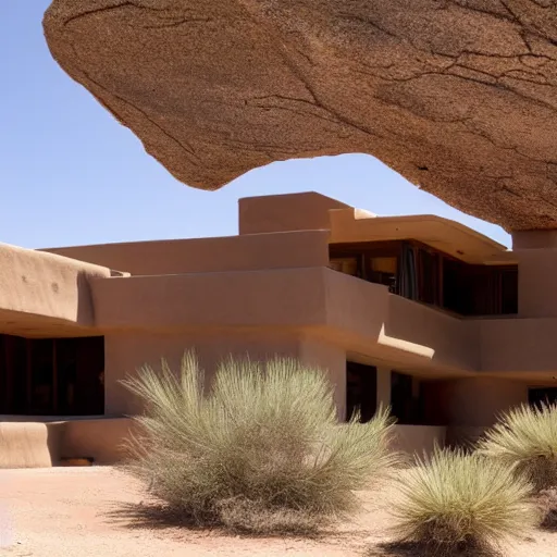 Prompt: A house designed by Frank Lloyd Wright in the middle of the desert, photographed by Fernando Guerra, realistic, 4k, detailed