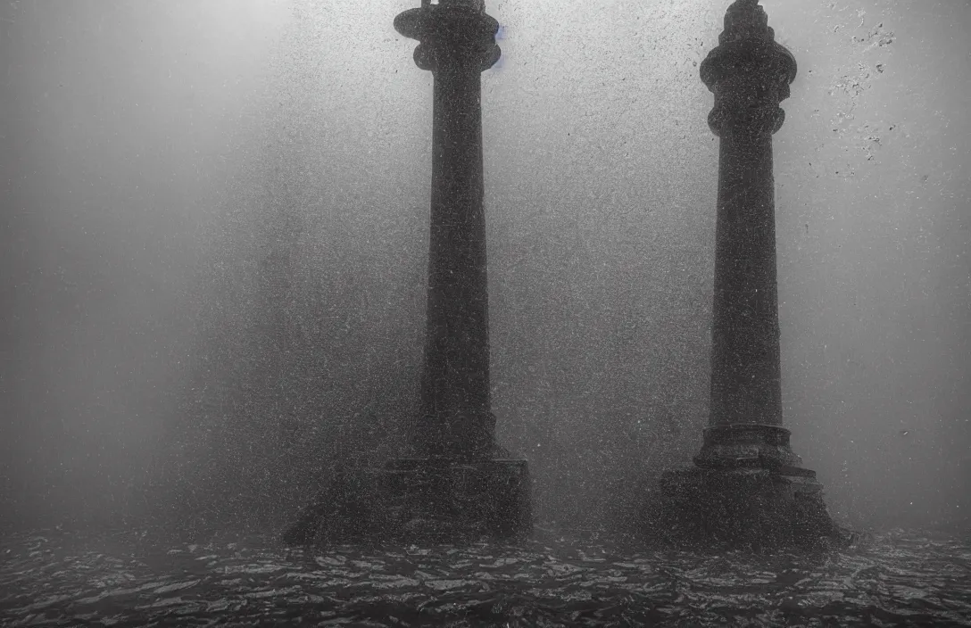 Image similar to duke of wellington statue with traffic cone in glasgow city underwater, realistic, high detail, backlit, wide angle shot, turbid water