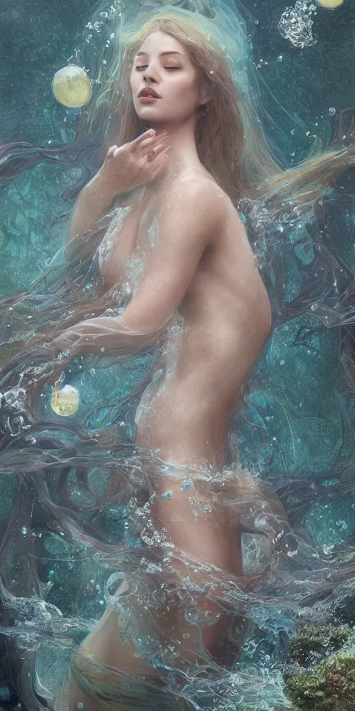 Image similar to hyper realist matte digital painting of a beautiful woman, beautiful face, underwater photography, full body, jugendstill, floating in water, flowing gown, bubbles rising, seaweed, headspace, fairytale, fantasy art, photo realistic, dynamic lighting, artstation, volumetric lighting, by mucha, by charlie bowater, by karol bak, by alma tadema