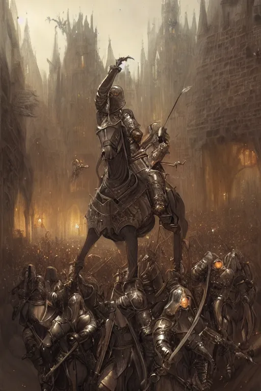 Image similar to medieval parade of knights, by wlop, by luis royo, by peter mohrbacher, concept art, digital illustration, intricate, masterpiece, elegant, super detailed, unreal engine rendering, smooth, sharp focus, artstation hq