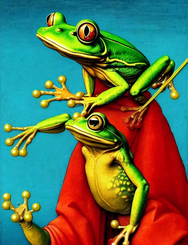 Prompt: an anthropomorphic bipedal frog that is wearing vibrant robes, a matte oil painting by leonardo da vinci, in the style of a d & d character, bubbles, extreme pose, magic, concept art, award - winning, extremely detailed, sharp focus, 4 k