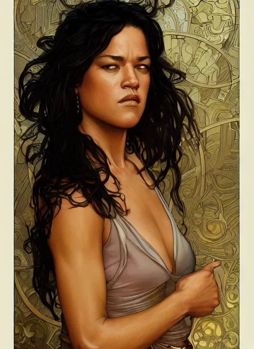 Prompt: Michelle Rodriguez as feisty latino woman, tasteful portrait, intricate, elegant, highly detailed, centered, digital painting, artstation, concept art, smooth, sharp focus, illustration, art by artgerm and donato giancola and alphonse mucha