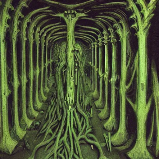 Image similar to ossuary cemetary segmented shelves overgrown, graveyard, vertical shelves, zdzisław beksinski, hr giger, mystical occult symbol in real life, high detail, green fog