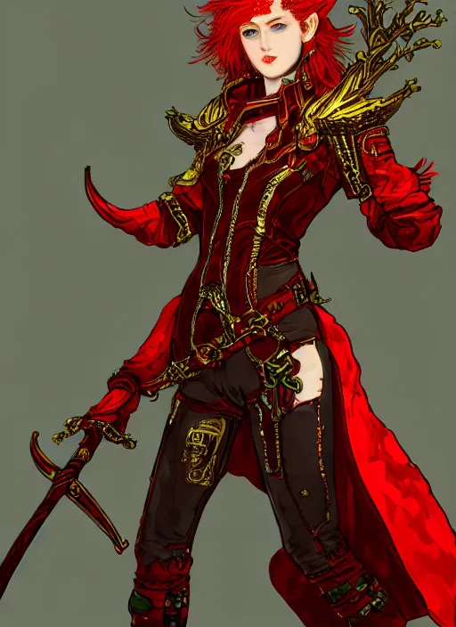 Image similar to Full body portrait of a handsome young red haired elven princess warrior wearing red, green and gold ornate leather jacket, golden tiara and an axe. In style of Yoji Shinkawa and Hyung-tae Kim, trending on ArtStation, dark fantasy, great composition, concept art, highly detailed.