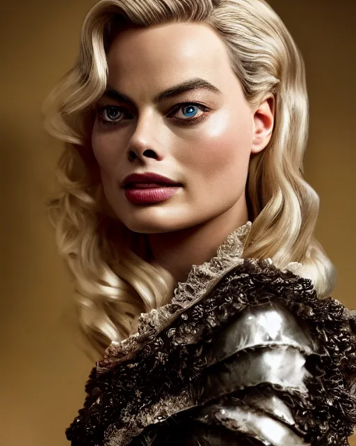 Prompt: Margot Robbie as milady de winter, styling by Tom Eerebout & Sandra Amador, clear makeup, clean hair, dry skin, clear skin, airbrushed, bright eye makeup, warrior body, photo by mario testino, 8k octane render, cinematic, hyper detailed, micro details, insanely detailed, trending on artstation, concept art