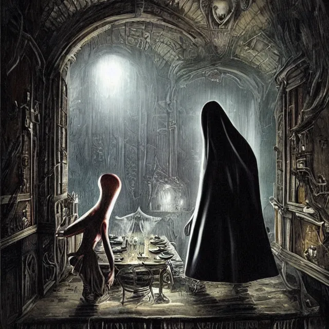 Prompt: a strange creature greeting a female explorer in a dining room, haunted house, rhads!!!, magical realism, urban fantasy, a hooded figure, a fierce woman, ( h. r. giger )