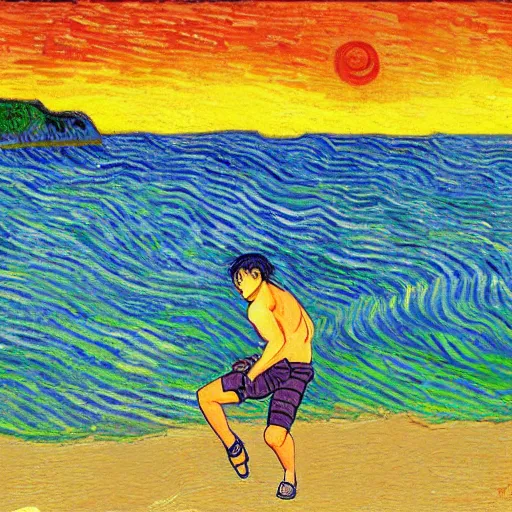 Prompt: An oil painting of Naruto at the beach at sunset by Vincent van Gogh, anime anime anime