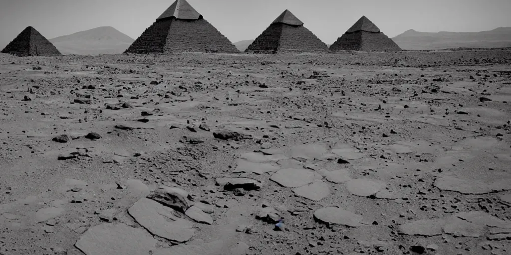 Image similar to pyramids on martian landscape, stunning architecture, wide angle lens, dramatic lighting,