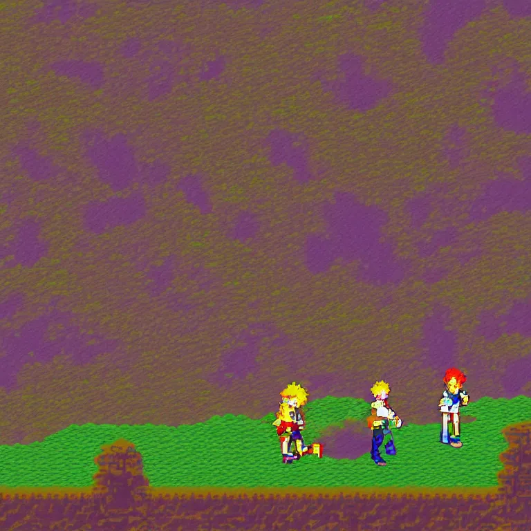 Prompt: screenshot from chrono trigger, pixel art of a dramatically lit night time scene of two colorful hikers wearing headphones and backpacks dancing quietly on a low rocky outcrop overlooking a wavy sea