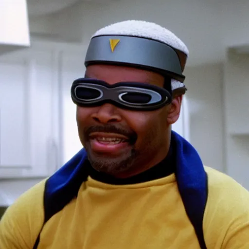 Image similar to Geordi LaForge wearing visor and a colander and random kitchen tools on his head