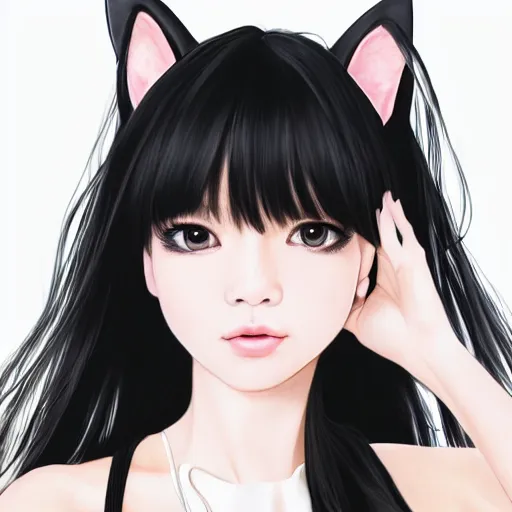 Image similar to realistic detailed semirealism beautiful gorgeous natural cute excited happy Blackpink Lalisa Manoban black hair black cat ears, wearing white camisole outfit, headphones, black leather choker artwork drawn full HD 4K high resolution quality artstyle professional artists WLOP, Aztodio, Taejune Kim, Guweiz, Pixiv, Instagram, Artstation