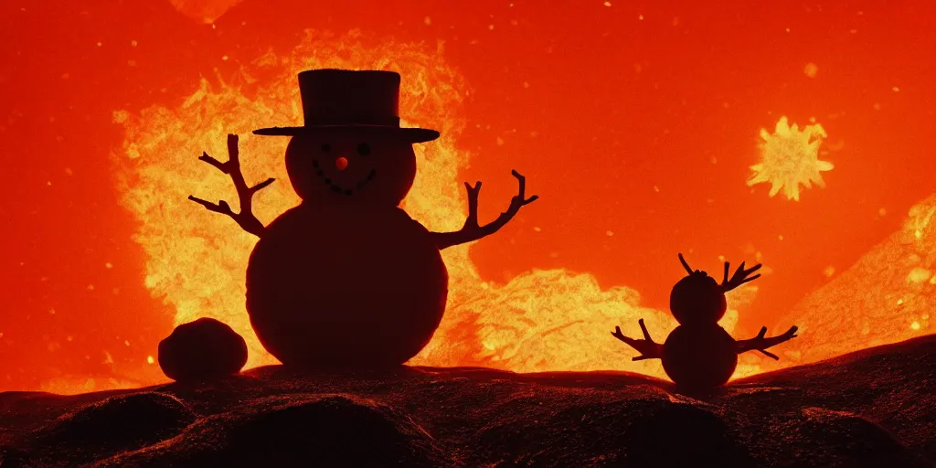 Prompt: a snowman melting on top of the sun. the ground is made of fire and lava and is glowing orange. cinematic, dramatic, epic, volumetric lighting, atmospheric, red, orange extremely coherent, 8 k, space, warm, blade runner 2 0 4 9