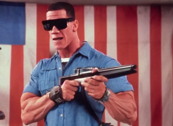 Prompt: film still of John Cena as Nada wearing a flannel shirt and sunglasses and holding a shotgun with a bandolier in Bank scene with a marble pillar behind him and a an american flag dangling down to the floor in They Live 1988