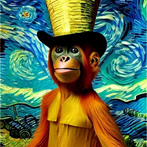 Image similar to a van gogh painting of a baby orangutan wearing a top hat, 4 k, hyper realistic, dslr, landscape, high resolution