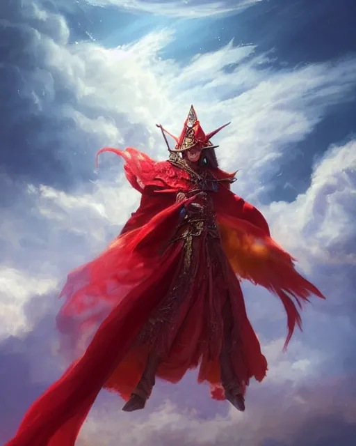 Image similar to A Full View of a Red Mage wearing magical shining armor and a feathered hat surrounded by an epic cloudscape. Magus. Red Wizard. Magimaster. Fantasy Illustration. masterpiece. 4k digital illustration. by Ruan Jia and Mandy Jurgens and Artgerm and greg rutkowski and Alexander Tsaruk and WLOP and Range Murata, award winning, Artstation, art nouveau aesthetic, Alphonse Mucha background, intricate details, realistic, panoramic view, Hyperdetailed, 8k resolution, intricate art nouveau