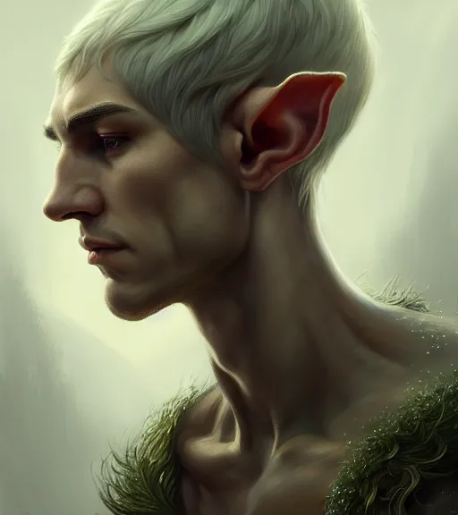 Image similar to portrait of a male elf in heightened detail, poised, intense emotion, detailed facial expression, 8 k, hyperrealistic, detailed surroundings, intricate, elegant, highly detailed, centered, digital painting, cgsociety, concept art, smooth, sharp focus, illustration, by ( ross tran ), wlop