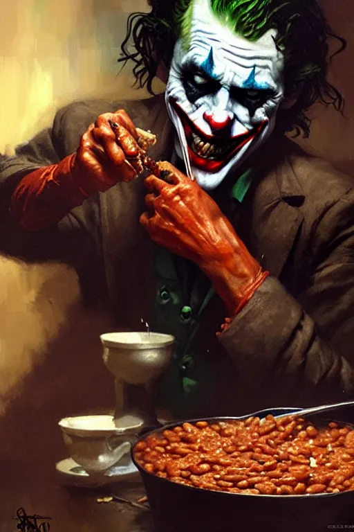 Prompt: the joker eating baked beans and eggs, insane face, high detail, grotesque, portrait dnd, painting by gaston bussiere, craig mullins, greg rutkowski, yoji shinkawa