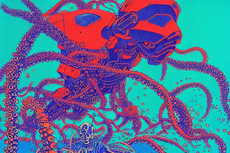 Image similar to risograph grainy drawing vintage sci - fi, satoshi kon color palette, gigantic gundam full - body covered in iridescent dead coral reef 1 9 6 0, kodak, with lot tentacles, natural blue - green colors, codex seraphinianus painting by moebius and satoshi kon and dirk dzimirsky close - up portrait