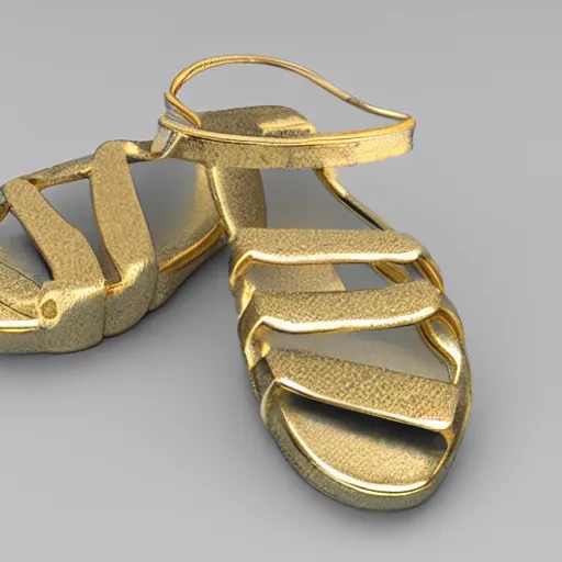 Prompt: concept art of sandal, 3 d print, anatomic description, gems, gold, 8 k, details, studio lighting, realism, complex lights