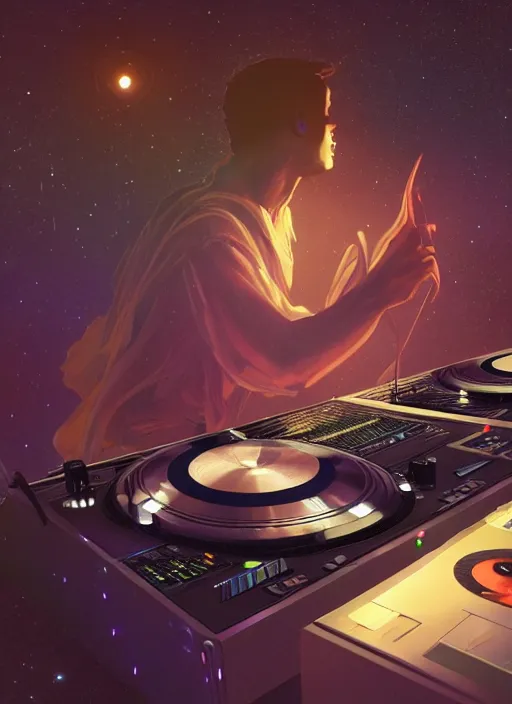 Image similar to A wide shot of a man djing at night under the stars, beautiful, digital art, artstation, hyperrealistic, 8k, unreal engine, octane render, trending on artstation, art by Artgerm and Greg Rutkowski and Alphonse Mucha