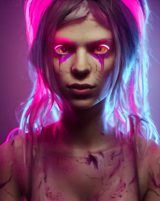 Image similar to portrait of a neon raver girl in a butchery, confused expression, cgsociety, detailed, unreal engine, textured, cinematic, character design