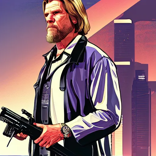 Image similar to GTA 5 illustration digital art of The Dude, Jeff Bridges (1998)