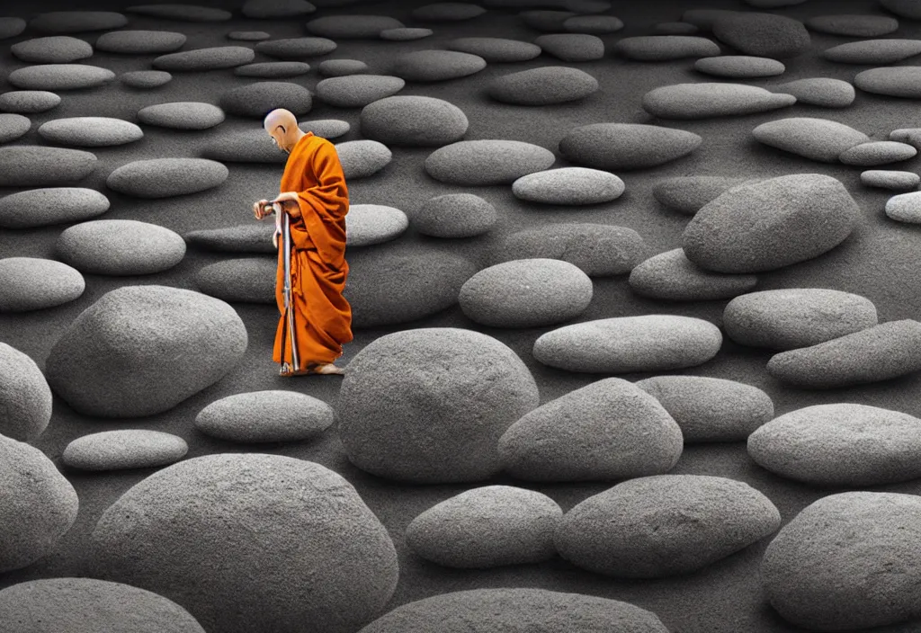 Prompt: portrait of a lone man monk raking stones in a zen garden kyoto, japan, a collage painting, in the style of wes anderson, lola dupre, david hockney, isolated on negative white space background dark monochrome fluorescent neon spraypaint accents volumetric octane render