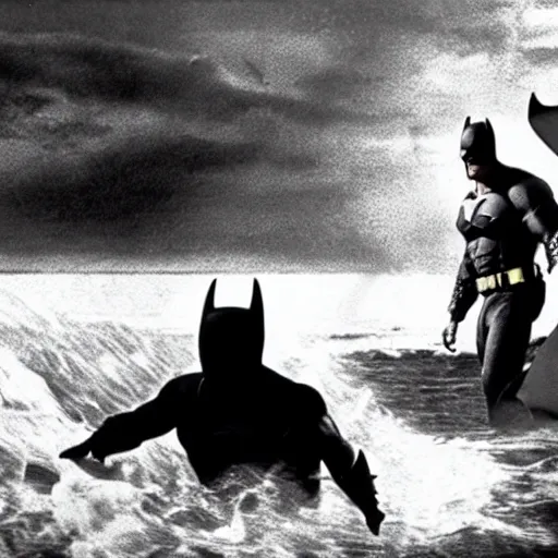 Image similar to dwayne johnson as batman fighting a shark in'jaws'( 1 9 7 5 )