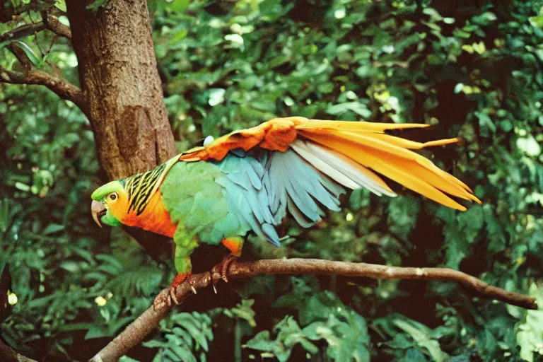 Prompt: a photo of a giant mutant nachos parakeet in its natural habitat, kodak ektachrome e 1 0 0 photography