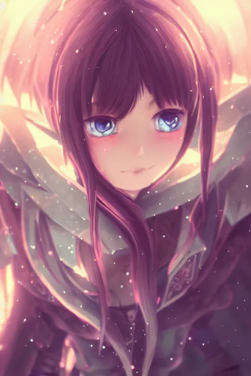 Image similar to adorable young cute anime elf girl, long black hair, fantasy armor, symmetrical face. symmetrical detailed defined eyes. beautiful lineart. bokeh pixiv # 1 ranking depth focus, chromatic aberration, noise, soft lighting, srgb, 4 k, cinematic