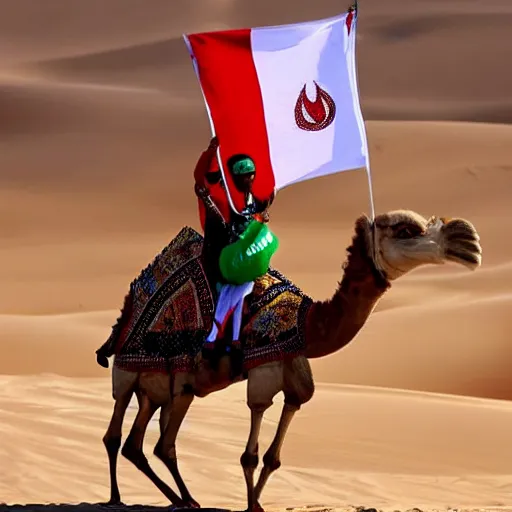 Image similar to cristiano Ronaldo holding the Moroccan flag while riding a camel in the desert