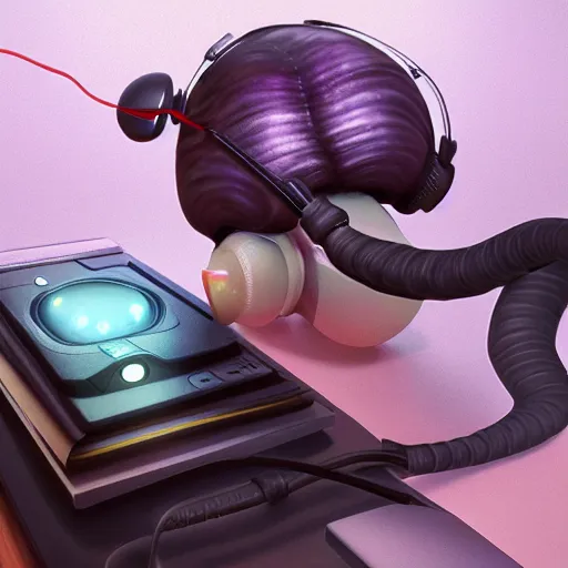 Prompt: snail with headset on its eyes behind pc, highly detailed, trending artstation,