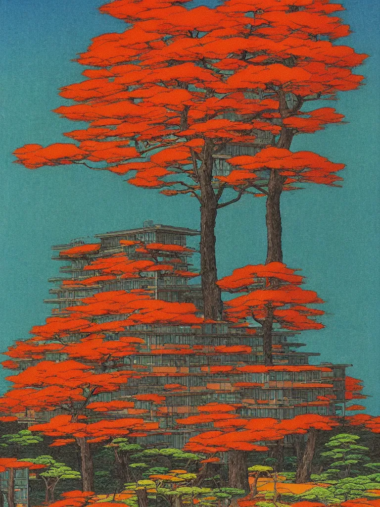 Image similar to a psychedelic hallucination of a brutalist hotel in the autumn mountains, by kawase hasui, moebius, edward hopper, colorful flat surreal design, dramatic lighting, hd, 8 k, artstation