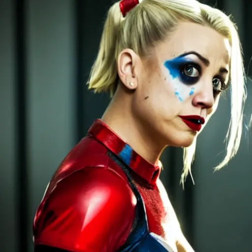 Image similar to A still of Kaley Cuoco as Harley Quinn