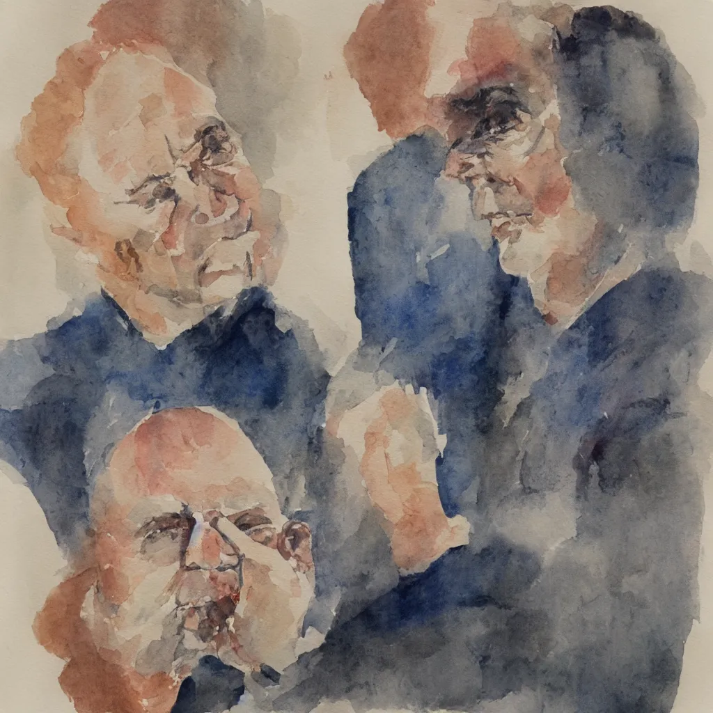 Image similar to a self - portrait of a man suffering from dementia, watercolor