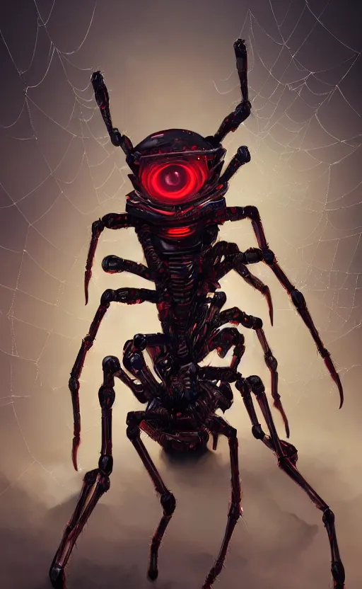 Image similar to a robot humanoid spider in a city, with 4 arms with claws, glowing red eyes, in a black carbon and red fiber armor, smiling creepily, dynamic lighting, photorealistic fantasy concept art, trending on art station, stunning visuals, creative, cinematic, ultra detailed